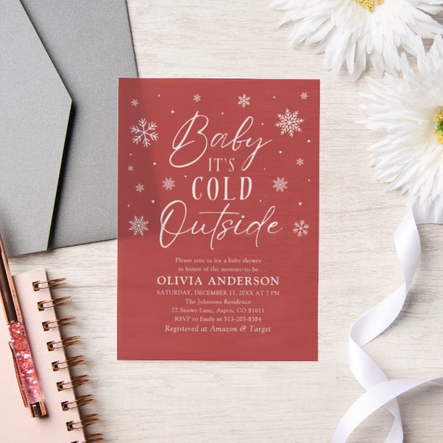 Invitations En Vélin Flammes de neige rouges Bébé Il fait froid dehors  (Mariage)