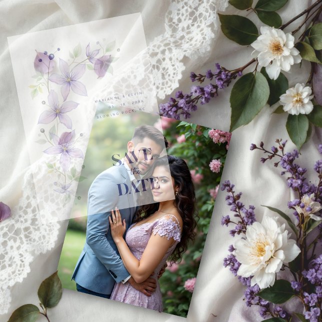 Invitations En Vélin Fleur délicate et botanique, branche lilas clair (Delicate Floral & Botanical Branch Light Purple Wedding Save the Date Overlay Vellum Cards.)
