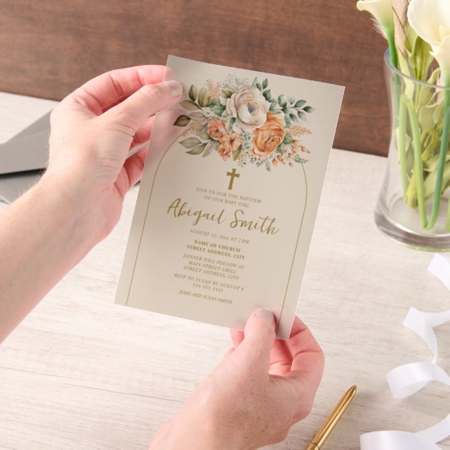 Invitations En Vélin Fleur dorée de baptême de l'eau de pêche crème flo (Ordinateur de poche)