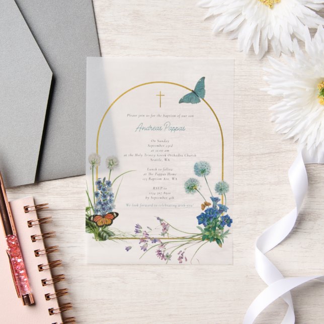 Invitations En Vélin Fleur sauvage de garçon grec orthodoxe baptême (Mariage)