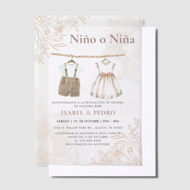 Invitations En Vélin Fleur sauvage Vêtements de bébé espagnol Révélatio (Compenser)