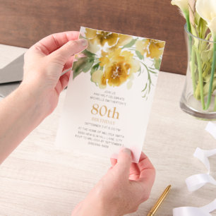 Invitations En Vélin Fleurs Aquarelle Jaune 80 Ans
