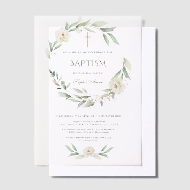 Invitations En Vélin Fleurs blanches dorées Croix Baptême (Compenser)