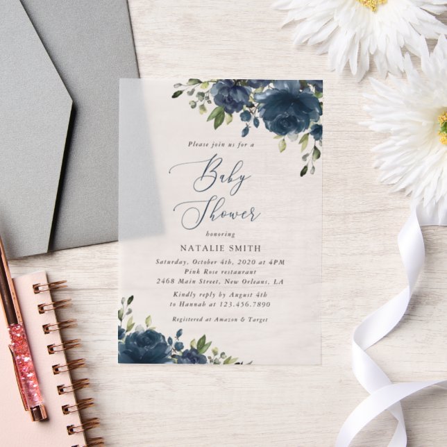 Invitations En Vélin Fleurs bleues de la Marine, Verdure, Boho, Baby sh (Mariage)