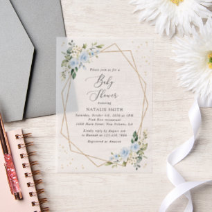Invitations En Vélin Fleurs bleues, Fleurs blanches, Verdure, Baby show