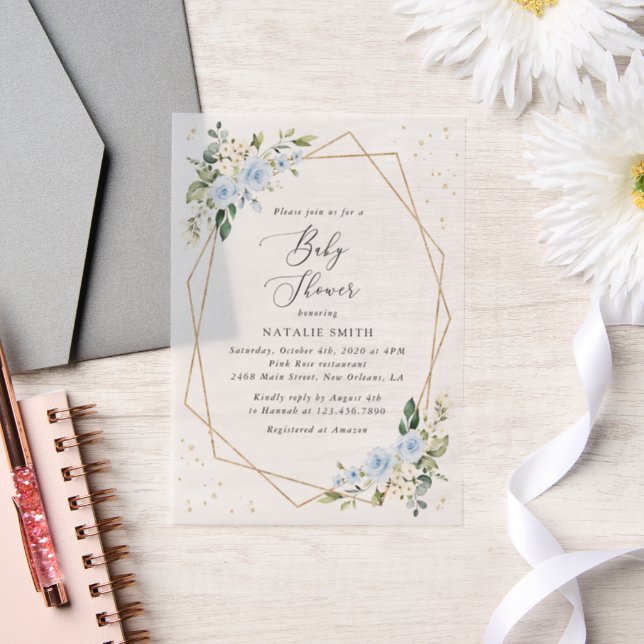 Invitations En Vélin Fleurs bleues, Fleurs blanches, Verdure, Baby show (Mariage)