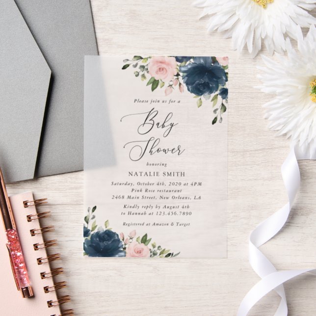 Invitations En Vélin Fleurs Bleues Marine, Fleurs Roses, Baby shower (Mariage)