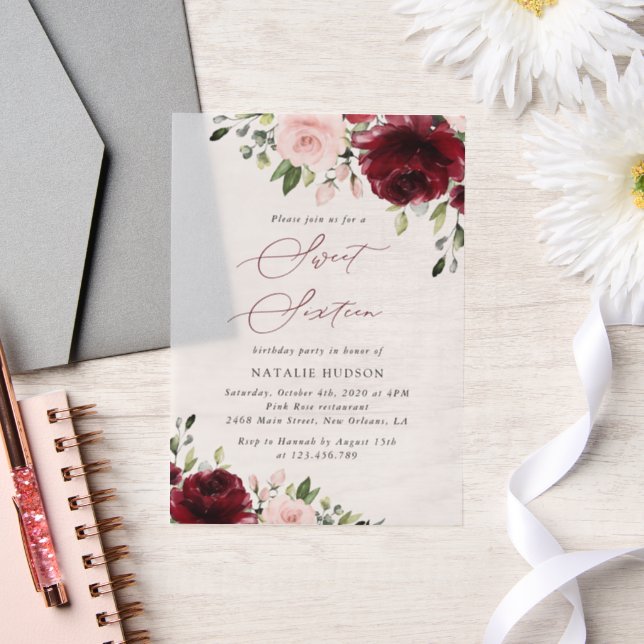 Invitations En Vélin Fleurs Bourgogne, Fleurs roses, Boho, Sweet 16 (Mariage)