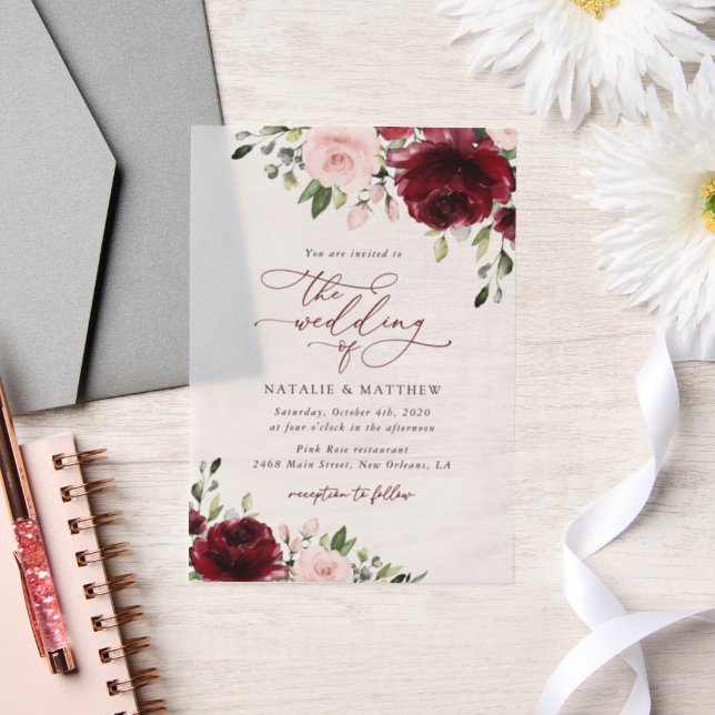 Invitations En Vélin Fleurs Bourgogne, Fleurs roses, Verdure, Mariage (Mariage)