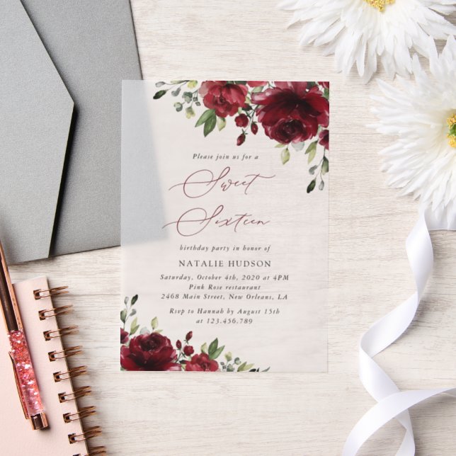 Invitations En Vélin Fleurs Bourgogne, Fleurs rouges, Verdure, Doux 16 (Mariage)