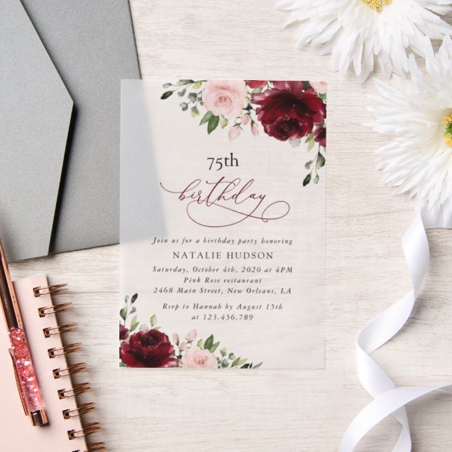 Invitations En Vélin Fleurs Bourgognes, Fleurs Roses, Boho, Anniversair (Mariage)