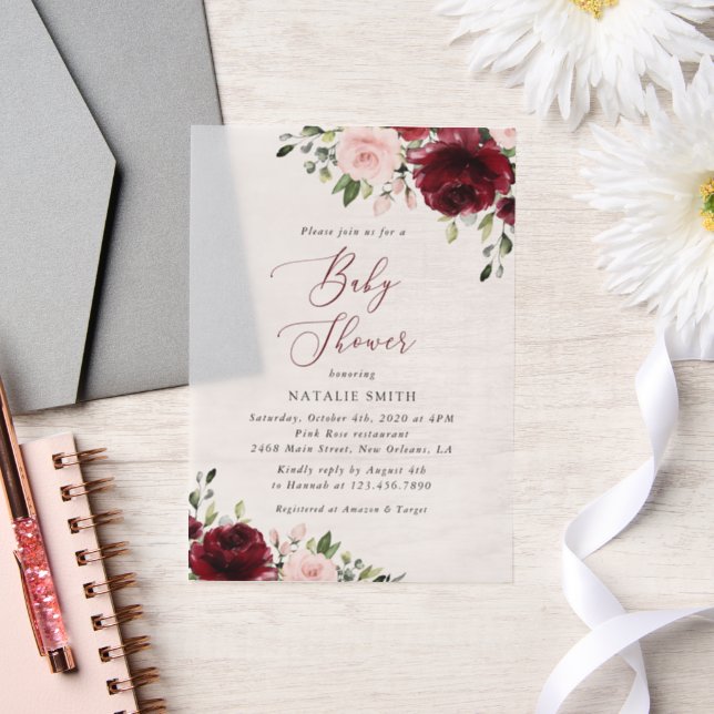Invitations En Vélin Fleurs Bourgognes, Fleurs Roses, Boho, Baby shower (Mariage)