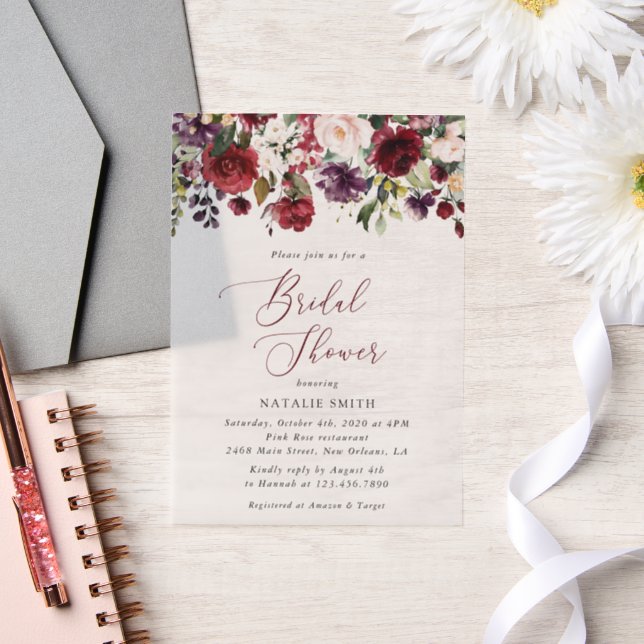 Invitations En Vélin Fleurs Bourgognes, Fleurs Roses, Fête des mariées  (Mariage)