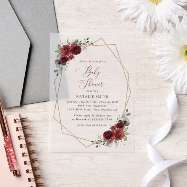 Invitations En Vélin Fleurs Bourgognes, Fleurs Rouges, Baby shower (Mariage)