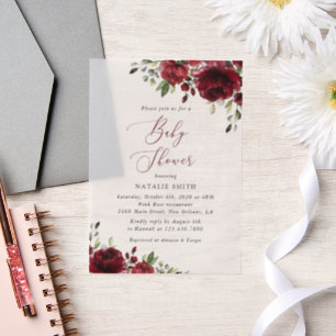Invitations En Vélin Fleurs Bourgognes, Fleurs Rouges, Boho, Baby showe