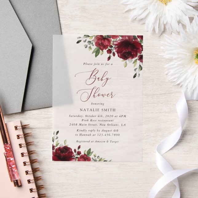 Invitations En Vélin Fleurs Bourgognes, Fleurs Rouges, Boho, Baby showe (Mariage)