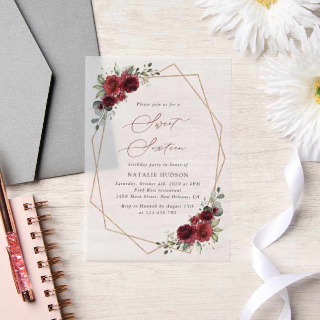 Invitations En Vélin Fleurs Bourgognes, Fleurs Rouges, Boho, Sweet 16 (Mariage)
