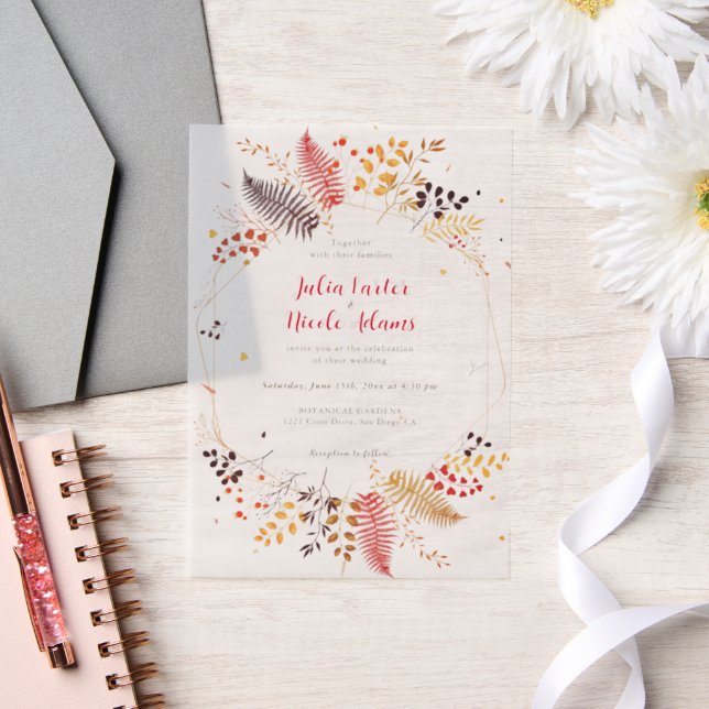 Invitations En Vélin Fleurs de forêt sauvage Mariage de feuillage de ch (Mariage)