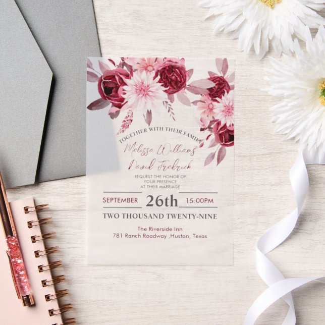 Invitations En Vélin Fleurs de style boho chic botanique rose burgogne  (Mariage)