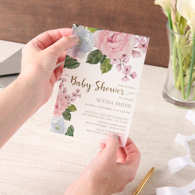 Invitations En Vélin Fleurs de verdure blanches roses pour bébé fille  (Ordinateur de poche)