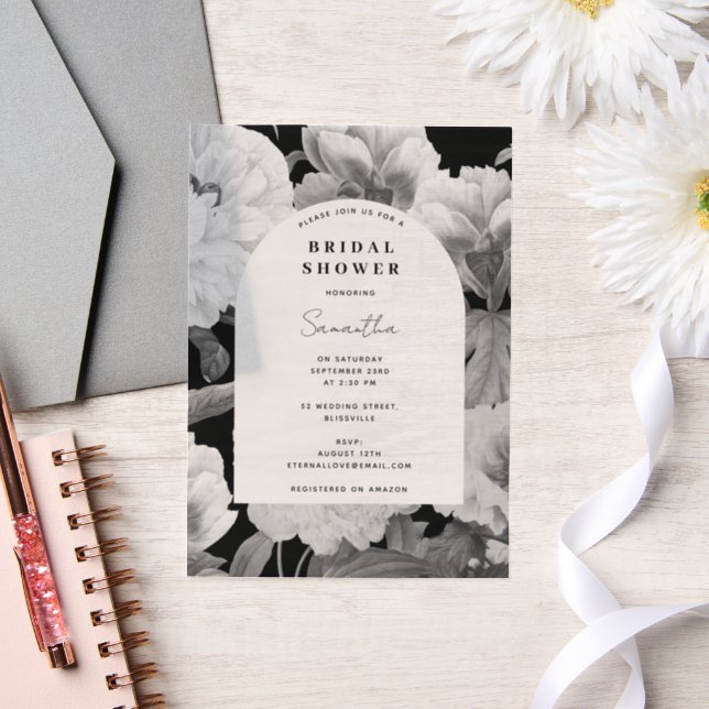 Invitations En Vélin Fleurs d'eau Peonies Noir Blanc Fête de Mariage (Mariage)