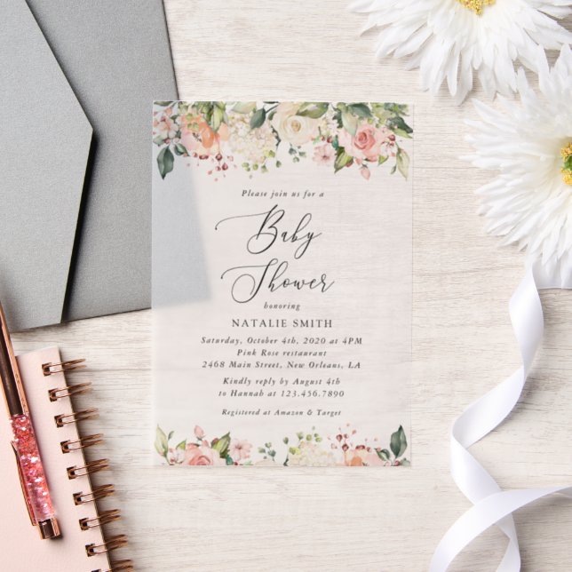 Invitations En Vélin Fleurs roses, Fleurs blanches, Boho, Baby shower (Mariage)