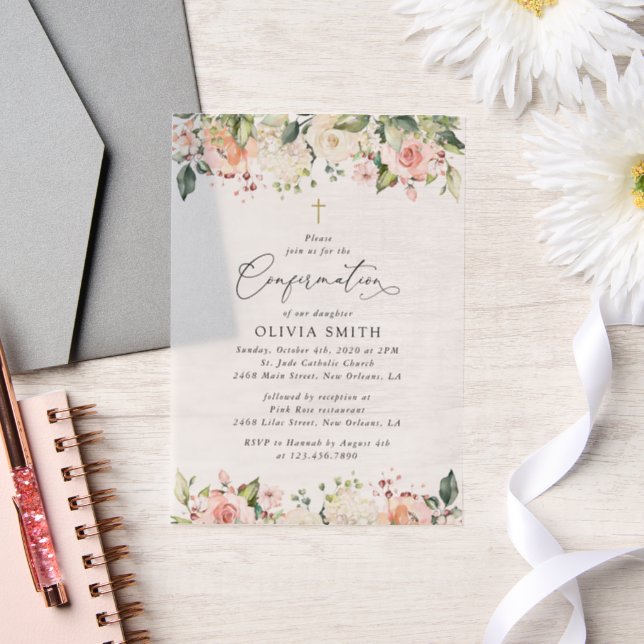 Invitations En Vélin Fleurs roses, Fleurs blanches, Confirmation floral (Mariage)