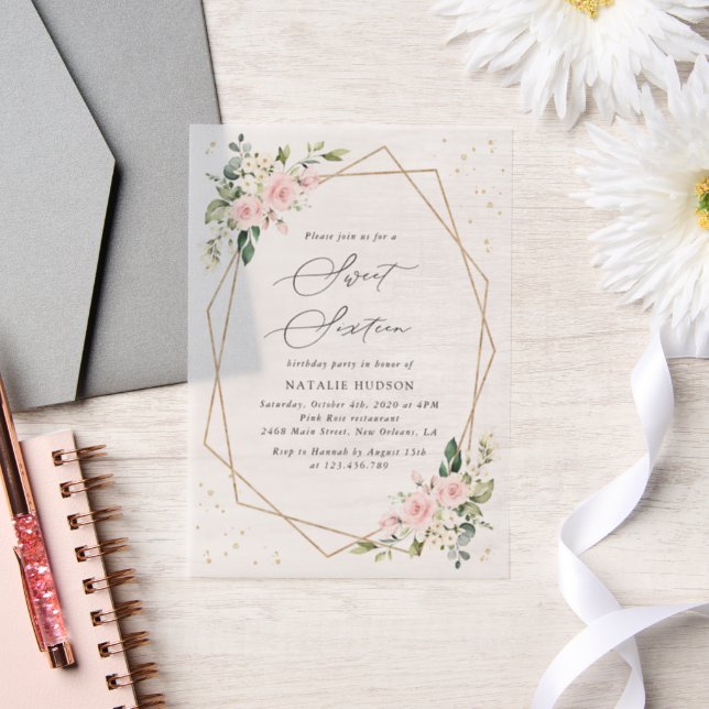 Invitations En Vélin Fleurs roses, Fleurs blanches, Verdure, Doux 16 (Mariage)