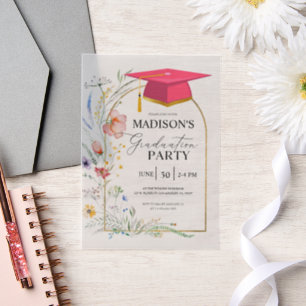 Invitations En Vélin Fleurs sauvages de la fête de graduation Pink Grad