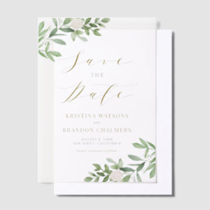 Invitations En Vélin Fleurs vertes et blanches Gris Sauvez la date