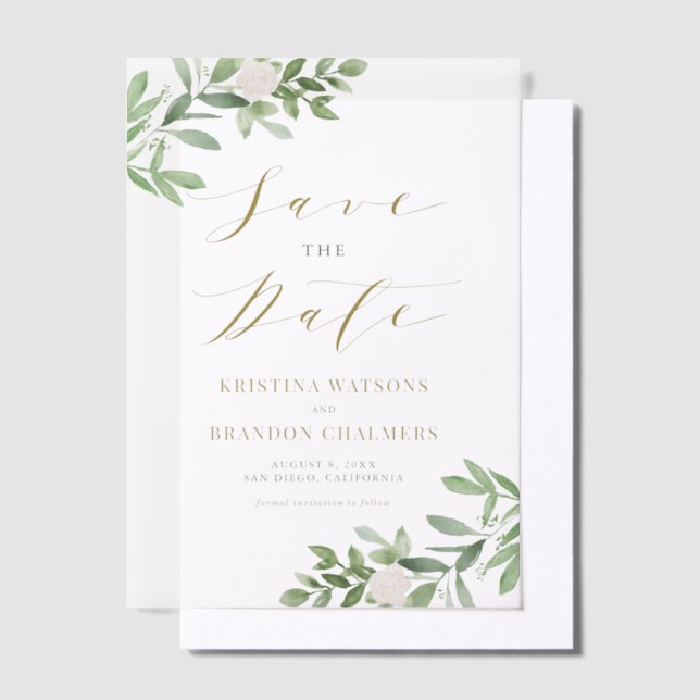 Invitations En Vélin Fleurs vertes et blanches Gris Sauvez la date (Compenser)