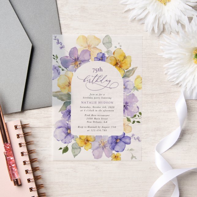 Invitations En Vélin Fleurs violettes, Fleurs Jaunes, Boho, Anniversair (Mariage)