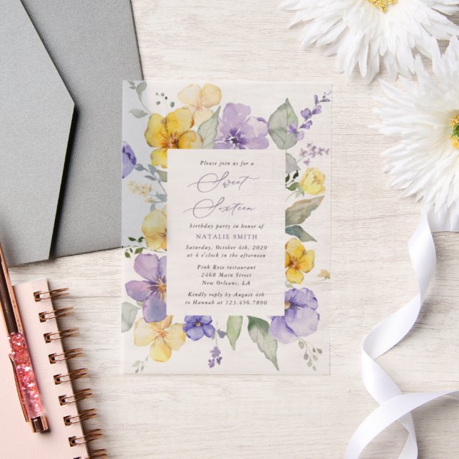 Invitations En Vélin Fleurs violettes, Fleurs Jaunes, Boho, Sweet 16 (Mariage)