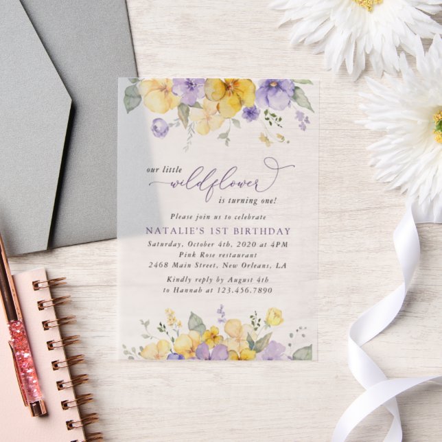 Invitations En Vélin Fleurs violettes, Fleurs Jaunes, Premier Anniversa (Mariage)