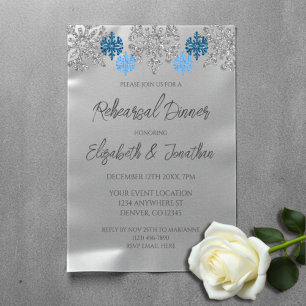 Invitations En Vélin Flocons de neige bleu argenté Dîner de répétition