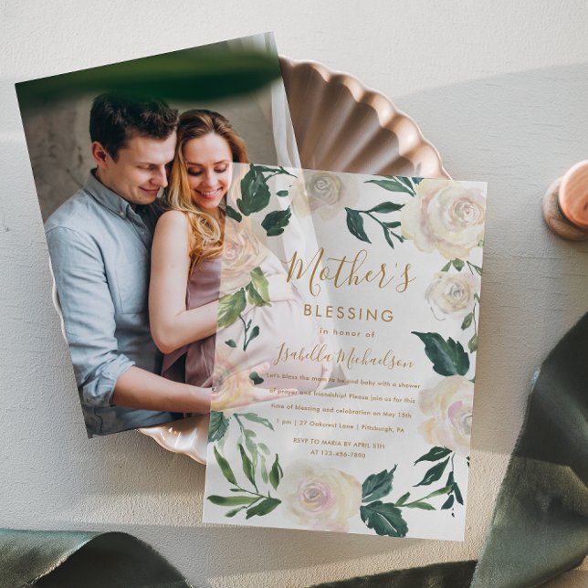 Invitations En Vélin Floral Christian Mère et Baby Blessing Party (Créateur téléchargé)