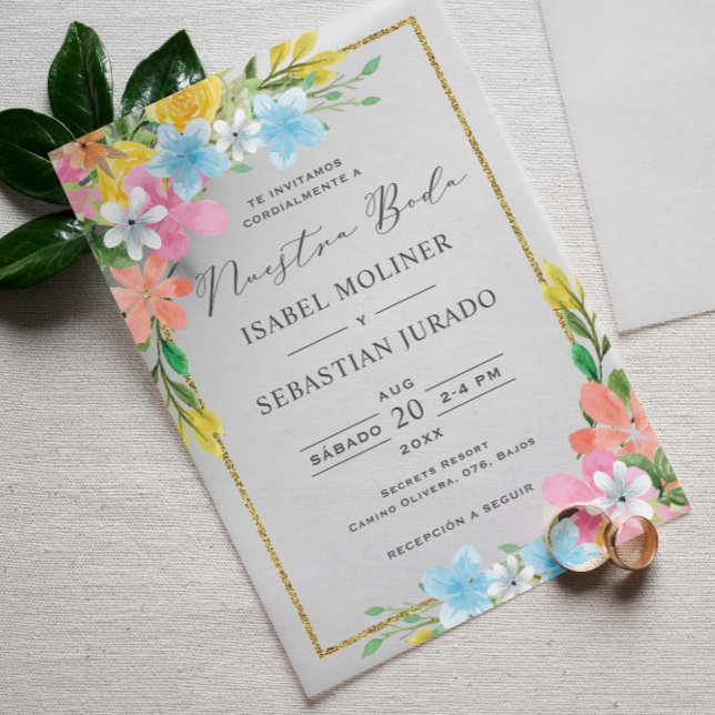 Invitations En Vélin Floral Gold Frontière Nuestra Boda Mariage espagno (Créateur téléchargé)