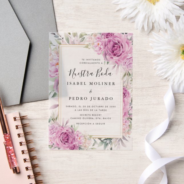 Invitations En Vélin Floral Rose violet Nuestra Boda Mariage espagnol (Mariage)
