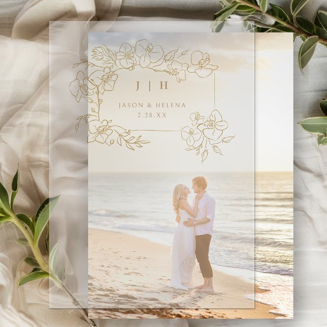 Invitations En Vélin Flore d'or tiré à la main Enregistrer la date (Créateur téléchargé)