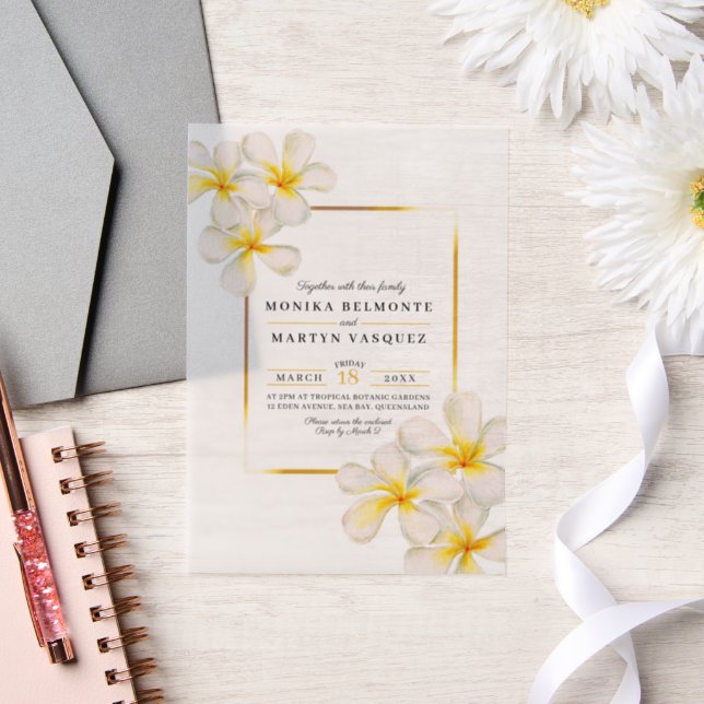 Invitations En Vélin Frangipani or blanc mariage tropical (Mariage)