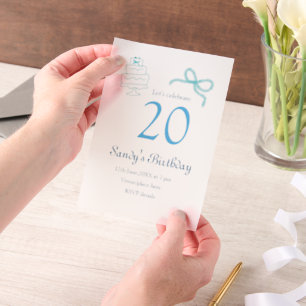 Invitations En Vélin Gâteau à ruban bleu pour 20e anniversaire nom date