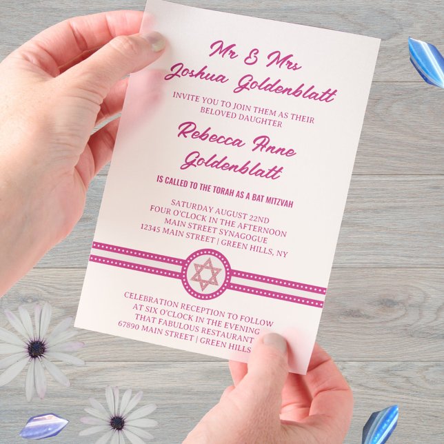 Invitations En Vélin Glam Pink Chic Élégant Bat mitzvah traditionnel (Pink glam Bat Mitzvah invitations printed on vellum paper overlays)