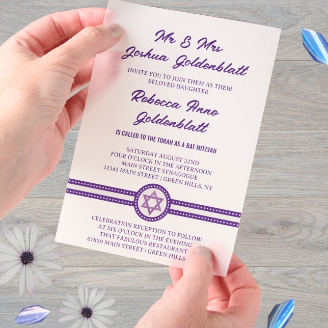 Invitations En Vélin Glam Purple Chic Élégant Bat mitzvah traditionnel (Easy to personalize with your Bat Mitzvah party details)