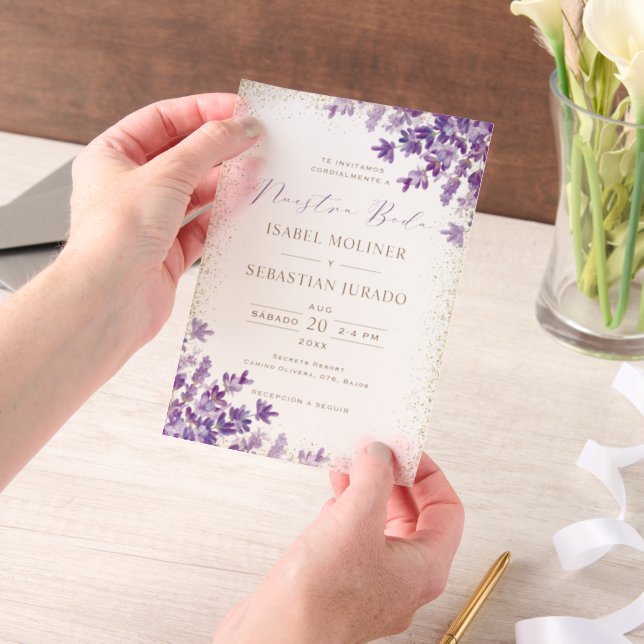 Invitations En Vélin Gold Purple Lavender Nuestra Boda Mariage espagnol (Ordinateur de poche)