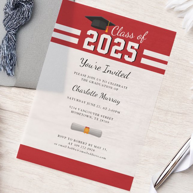 Invitations En Vélin Graduation 2025 Red White Gard Party (Graduation 2025 Red and White Typography Invitation)