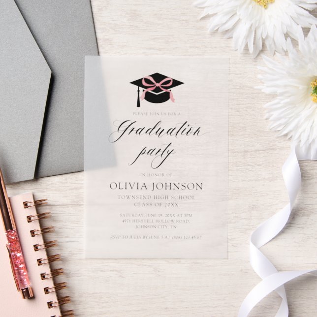 Invitations En Vélin Graduation moderne élégant Cap Pink Bow Graduation (Mariage)