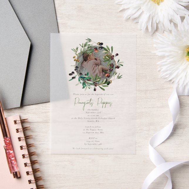 Invitations En Vélin Grec Orthodoxe baptême Baptême Olives Photo (Mariage)