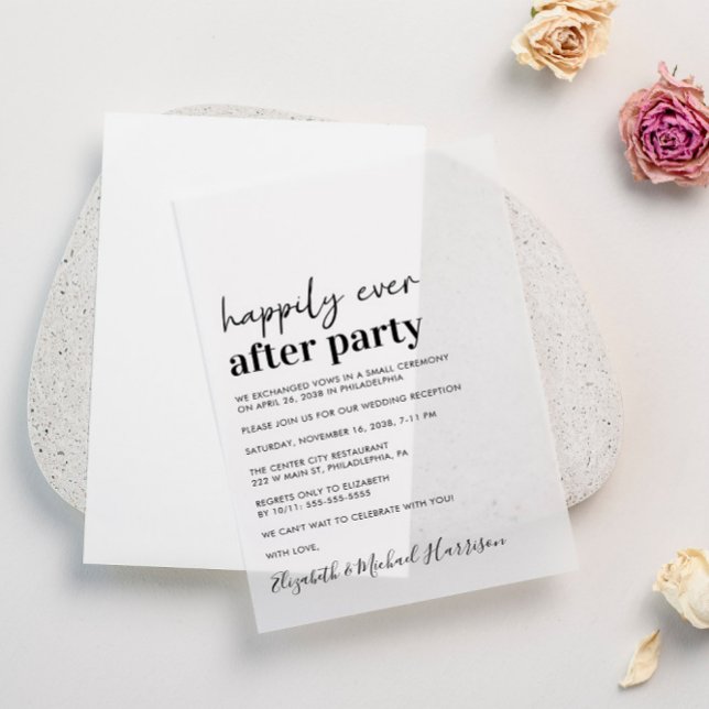 Invitations En Vélin Heureusement Jamais Après La Réception De Mariage  (Elevate your wedding reception invitations with the timeless beauty of vellum overlays)