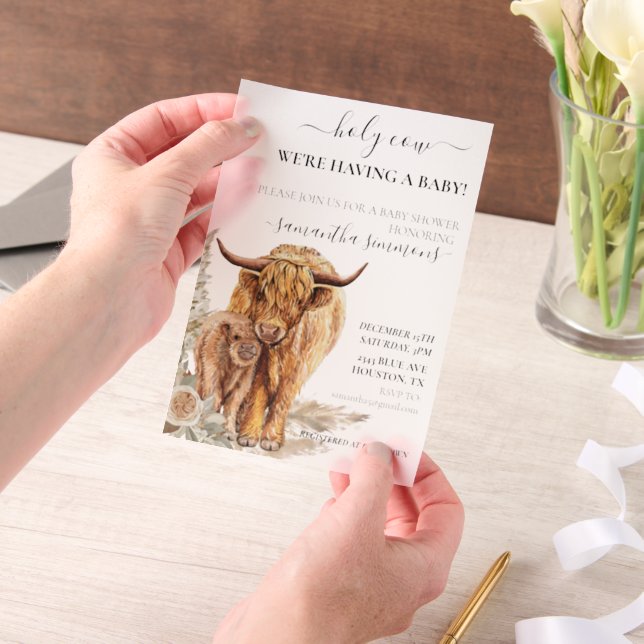 Invitations En Vélin Highland Cow Watercolor Baby shower Boho (Ordinateur de poche)