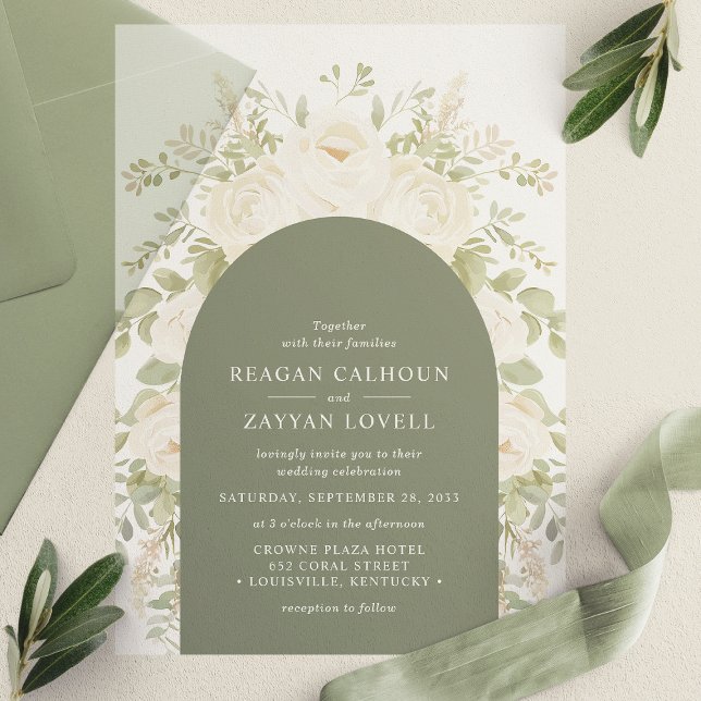 Invitations En Vélin Iivoire Et Sage Arc Moderne Élégant Mariage Floral (Créateur téléchargé)